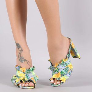 Qupid Floral Ruffle X-Band Chunky Slide Mule Heel